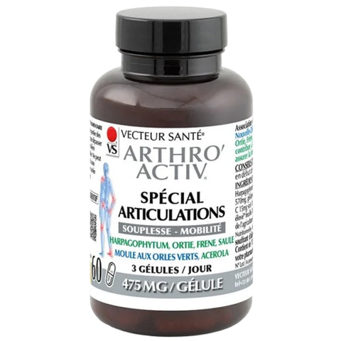 Arthro'Activ de Vecteur Santé, en pilulier de 60 gélules, associant harpagophytum, moule aux orles verts de Nouvelle-Zélande, acérola, ortie, frêne et saule blanc. La vitamine C de l'acérola contribue à la formation normale de collagène pour assurer le fonctionnement normal des cartilages.