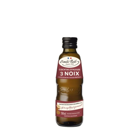 Bouteille Cocktail d’Huiles Vierges 3 Noix Bio Émile Noël – mélange noix, noisette, amande douce, lin bio pressées à froid.