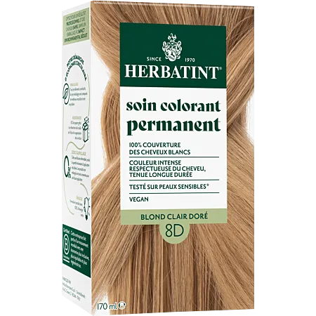 Coloration permanente Blond clair doré 8D Herbatint - kit 170 ml