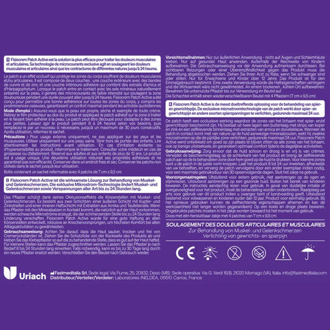Pack de 4 patches Fisiocrem Active-x4, soulagement naturel douleurs musculaires avec arnica et micro-courants.