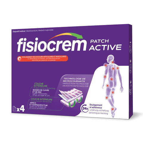Pack de 4 patches Fisiocrem Active-x4, soulagement naturel douleurs musculaires avec arnica et micro-courants.
