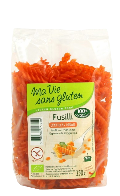 Fusilli Lentejas Coral Orgánicas-250g-Mi vida sin gluten