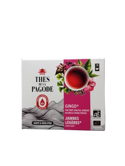 Boîte Gingo Bio 18 infusettes Thé de la Pagode, infusion circulation sanguine et jambes légères bio.