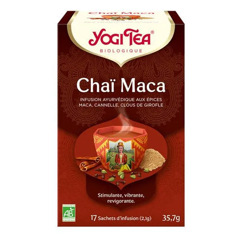 Boîte de 17 sachets d’Infusion Chaï Maca Bio Yogi Tea, infusion ayurvédique épicée et revigorante pour énergie et santé générale.