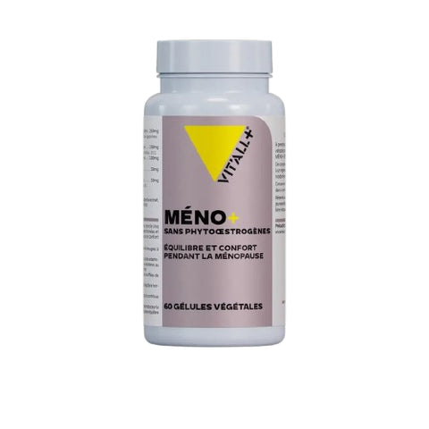 Boîte MÉNO+ Sans Phytoœstrogènes 60 gélules Vit'all+, complément ménopause naturel sans hormone végétale.
