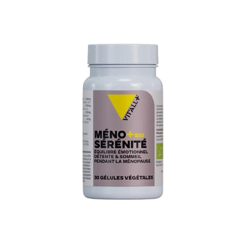 Boîte MÉNO+ Sérénité Bio 30 gélules Vit'all+, complément bio pour équilibre émotionnel ménopause.