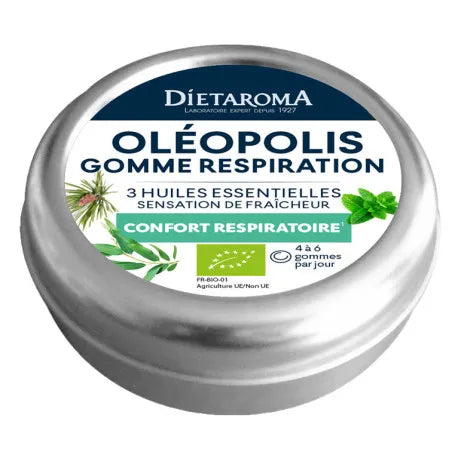 Boîte Oléopolis Gommes Respiration Bio 45g Diétaroma, gommes bio pour confort respiratoire et fraîcheur naturelle.