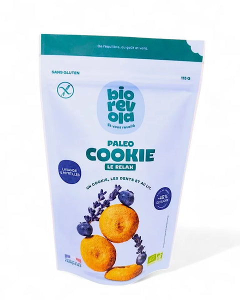 Sachet de Paleo Cookie Le Relax BioRévola 115g, biscuits bio sans gluten avec lavande et myrtilles pour pause relaxante.