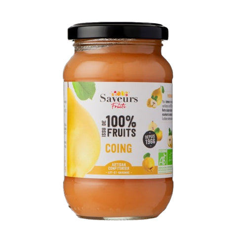 Pot Préparation Coings 100% Fruits Bio 310g Saveurs et Fruits, produit fruité naturel sans sucre ajouté.