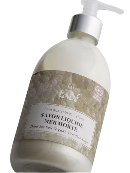 Pompe Savon Liquide Sel de la Mer Morte Bio 500 ml Tadé, savon liquide bio nourrissant et purifiant.