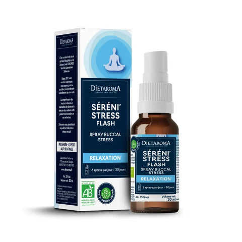 Flacon Séréni'stress Flash 30 ml Diétaroma, spray buccal bio safran, figuier, orange douce pour relaxation et bien-être