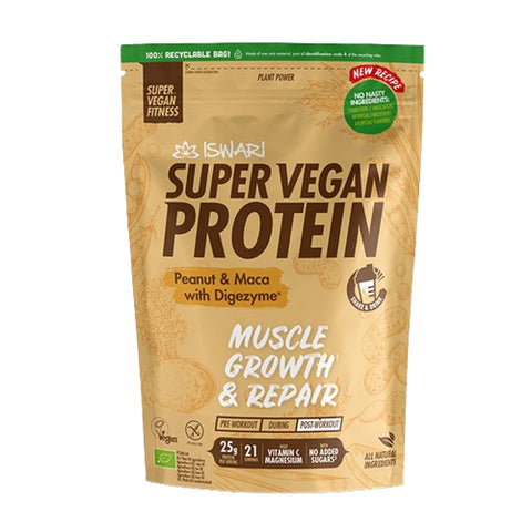 Sachet Super Vegan Protein Cacahuète & Maca Bio 400 g Iswari – protéine végétale gourmande riche en BCAA et fibres.