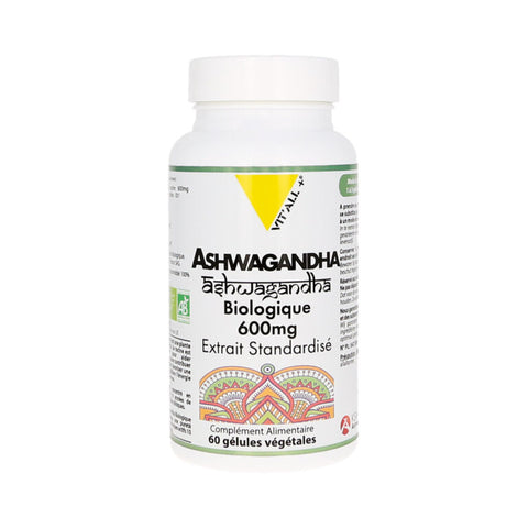 Pilulier Ashwagandha Bio 600 mg 60 gélules végétales Vit'all+ – complément adaptogène KSM-66® fabriqué en France.