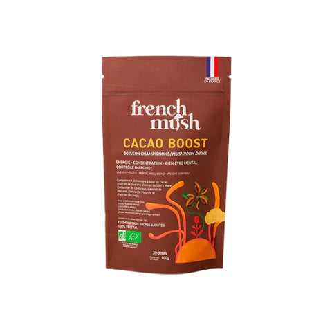 Cacao Boost Bio 100g de French Mush : la boisson au cacao biologique enrichie en extraits concentrés de champignons médicinaux