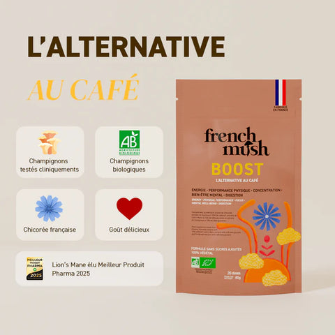 Pot Boisson Chicory Boost Bio 80 g French Mush – alternative bio au café avec chicorée et champignons fonctionnels.