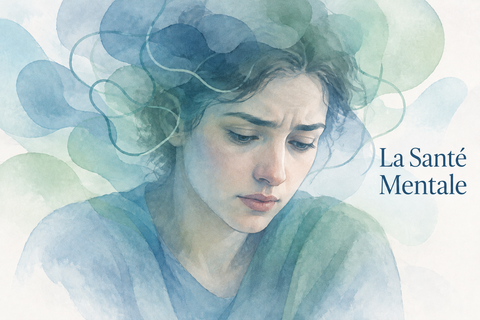 Illustration d’un visage anxieux dans des tons bleus pastel avec le titre La Santé Mentale