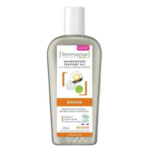 Flacon Shampoing 2 en 1 Cheveux Bouclés Bio 250 ml Dermaclay, soin lavant et traitant bio pour boucles.