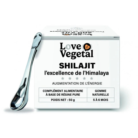 Pot Shilajit Résine Pure 50g Love Vegetal Vibra, complément himalayen 75% fulvic acid pour énergie et détox.