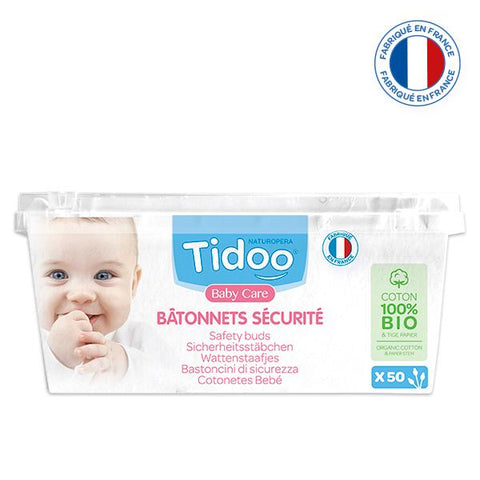 Bâtonnets de sécurité bébé en coton bio Tidoo - boîte de 50