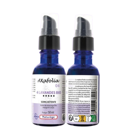 Flacon Axafolia 4 Lavandes Huile Soins Détente Bio 50ml Naturège, huile soins & massages 4 lavandes bio françaises.

