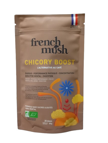 Pot Boisson Chicory Boost Bio 80 g French Mush – alternative bio au café avec chicorée et champignons fonctionnels.


