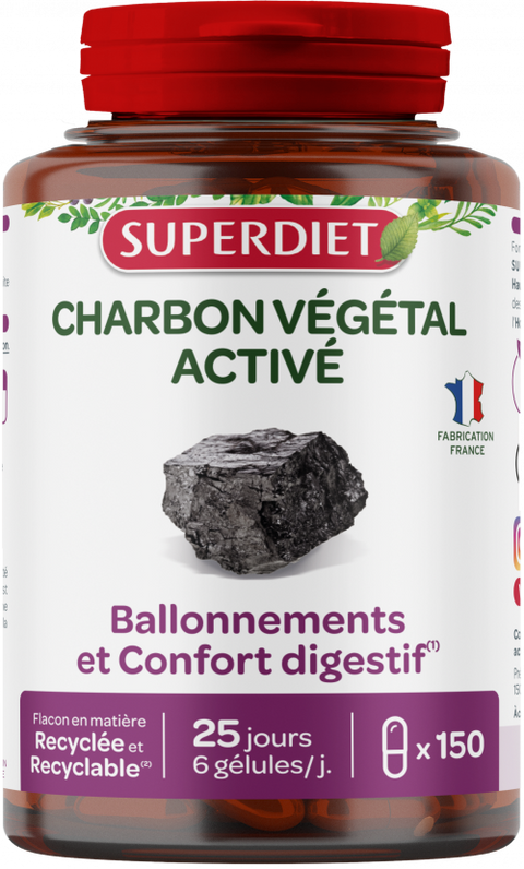 Activated vegetable charcoal-150 capsules-Superdiet