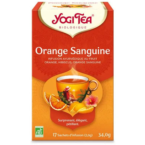 Boîte de 17 sachets d’Infusion Orange Sanguine Bio Yogi Tea, infusion fruitée sans caféine pour bien-être et vitalité.

