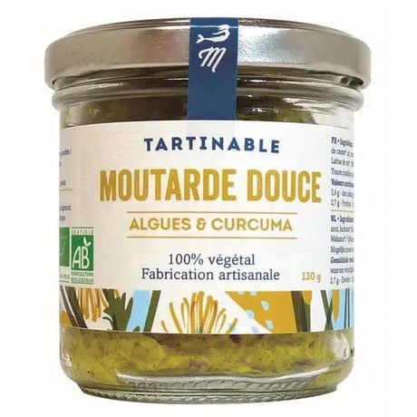 Pot Moutarde Douce Algues et Curcuma Bio 130g Marinoë, condiment bio santé avec 20% algues marines.

