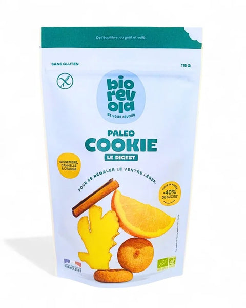 Sachet de Paleo Cookie Le Digest BioRévola 115g, biscuits bio sans gluten avec gingembre et cannelle pour digestion légère.

