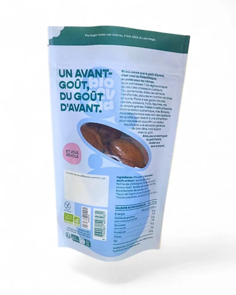 Sachet de Paleo Cookie Le Gourmand BioRévola 115g, biscuits bio sans gluten avec éclats de cacao pour un goûter sain.

