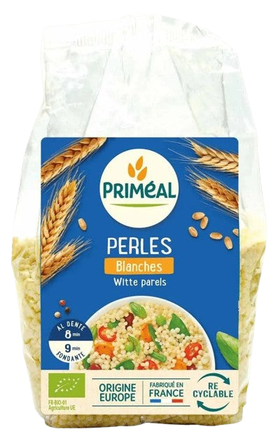 Sachet Perles Blanches Bio 500 g Priméal – petites pâtes rondes bio françaises pour recettes créatives.

