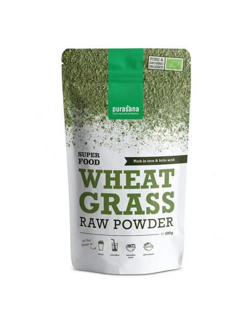 Sachet Poudre d'Herbe de Blé Bio 200 g Purasana, superaliment vert detox alcalin.en