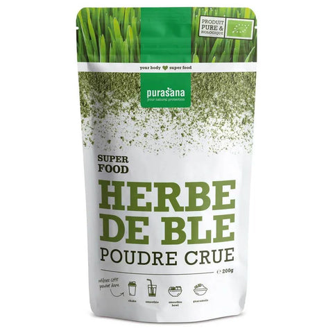 Sachet Poudre d'Herbe de Blé Bio 200 g Purasana, superaliment vert detox alcalin.

