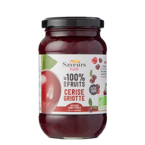 Pot Préparation Cerises Griottes 100% Fruits Bio 310g Saveurs et Fruits, produit fruité naturel sans sucre ajouté.

