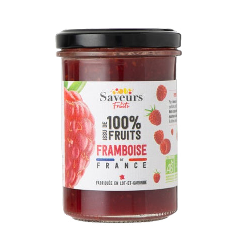 Pot Préparation Framboises aux Fruits Français Bio 230g Saveurs et Fruits, produit fruité naturel sans sucre ajouté.

