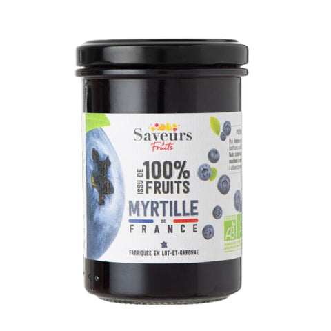 Pot Préparation Myrtilles aux Fruits Français Bio 230g Saveurs et Fruits, produit fruité naturel sans sucre ajouté.

