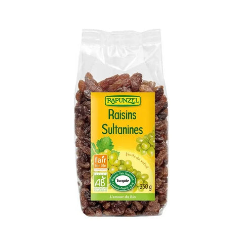 Sachet Raisins Sultanines Fair For Life Bio 500 g Rapunzel, raisins secs bio équitables et moelleux.

