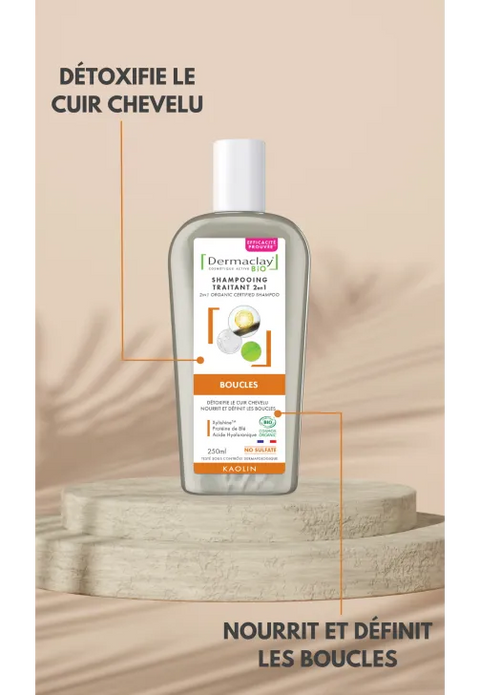 Flacon Shampoing 2 en 1 Cheveux Bouclés Bio 250 ml Dermaclay, soin lavant et traitant bio pour boucles.

details