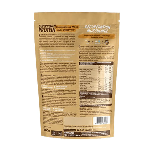 Sachet Super Vegan Protein Cacahuète & Maca Bio 400 g Iswari – protéine végétale gourmande riche en BCAA et fibres.verso
