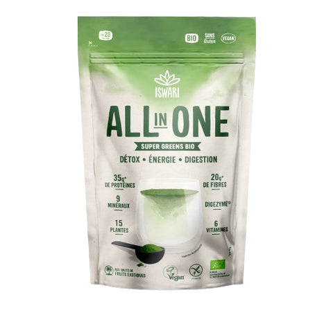 Sachet Super Greens All in One Bio 200 g Iswari – mélange superaliments bio fruits tropicaux et champignons.

