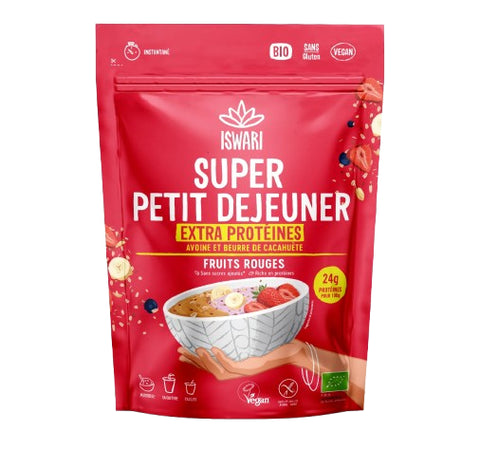 Sachet Super Petit Déjeuner Extra Protéiné Fruits Rouges Bio 360 g Iswari – porridge instantané riche en protéines et fibres.

