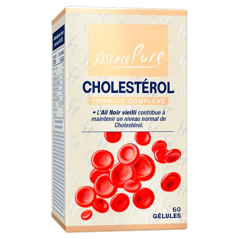 Boîte Cholestérol 60 gélules Essence Pure, complément naturel levure de riz rouge et ail noir pour cholestérol sain.

