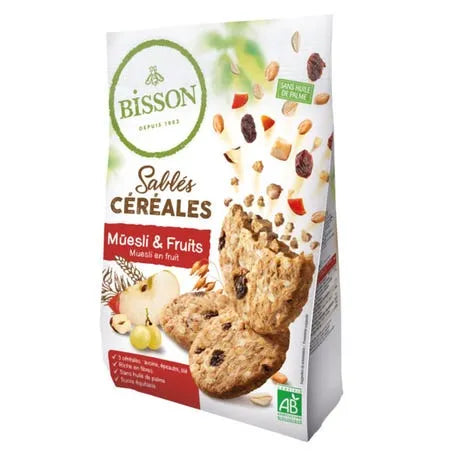 Sachet Sablé Céréales Muesli Fruits Bio 200g Bisson, biscuits secs bio aux céréales et fruits secs.

