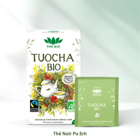 Boîte Tuocha Bio 18 sachets Romon Nature, infusion thé Pu Erh détox et digestive bio Fairtrade.

